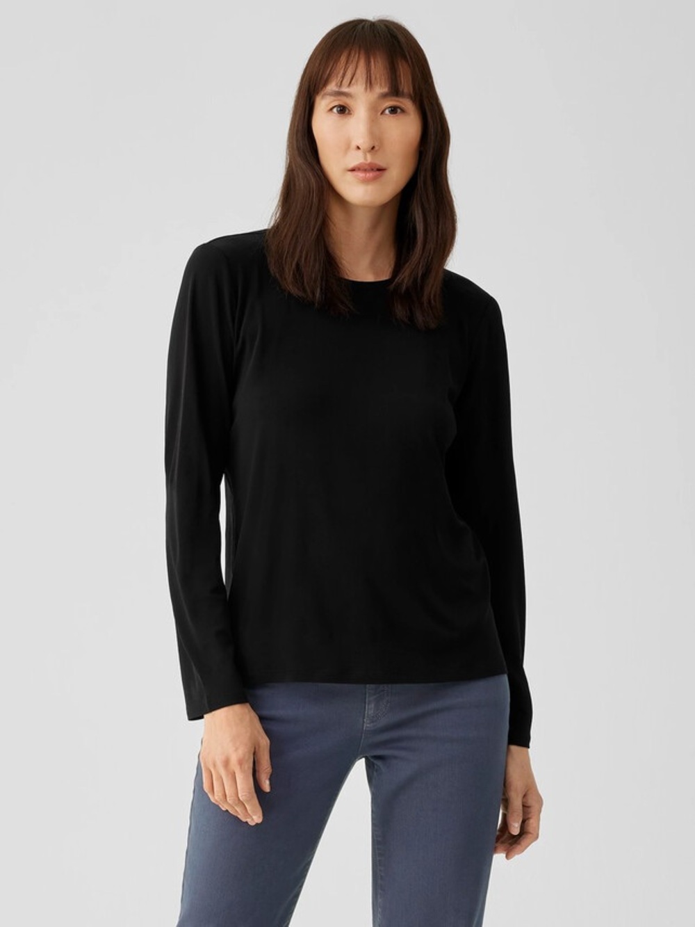 Eileen Fisher Black 100% Silk Jersey Long Sleeve Top Size Small